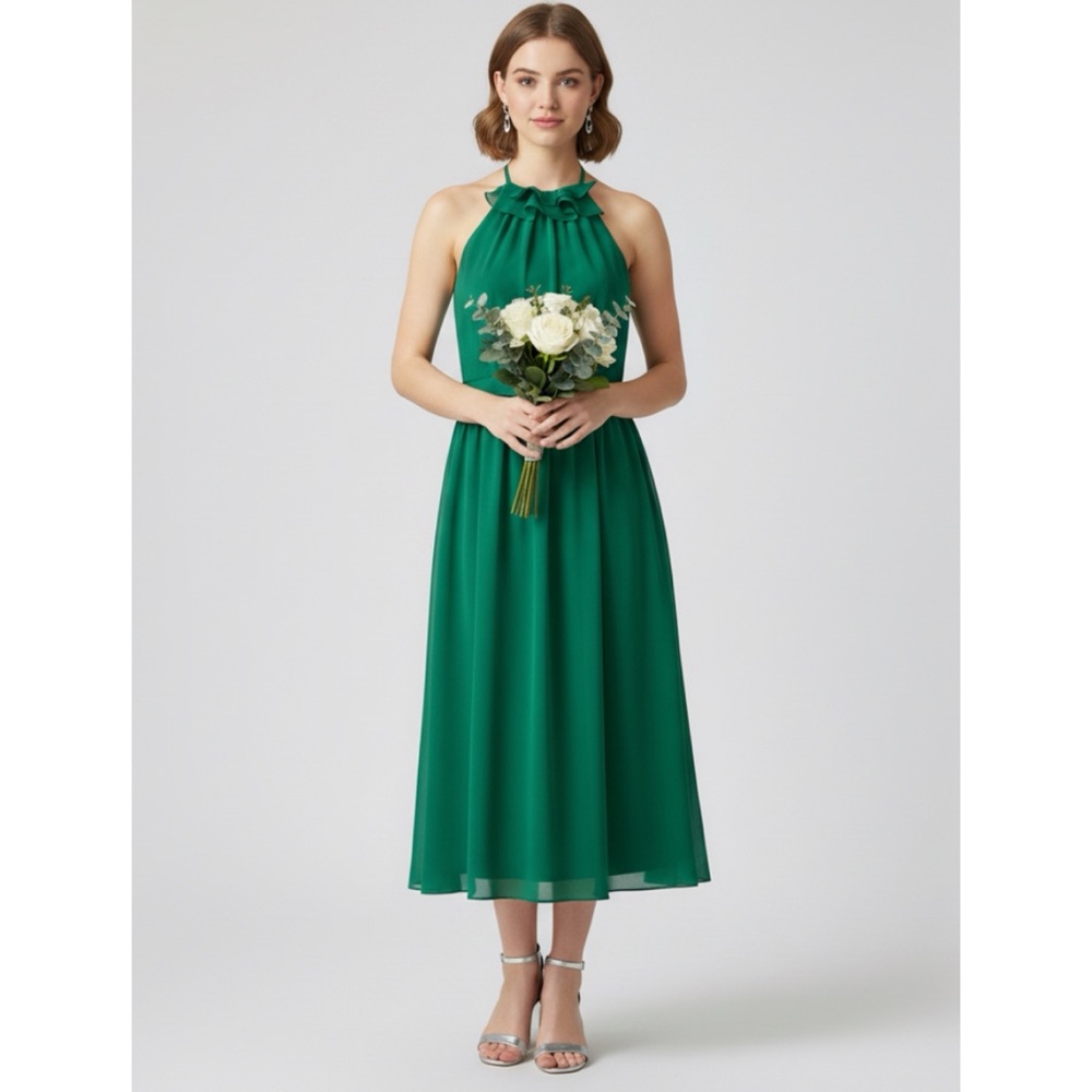 NWT! Alfred Angelo Green Halter Ruffle Neck Midi Evening Dress Size 2 NWT